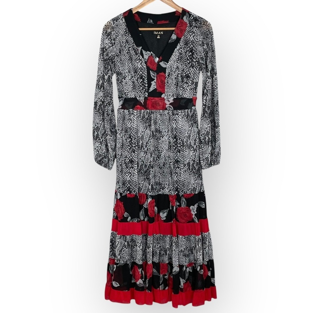 IMAN Whimsigoth Snake Print Floral Maxi Dress Size XS Balloon Sleeve Romantic‎